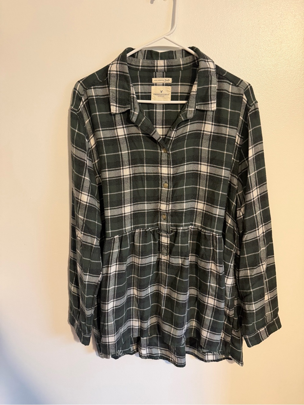 American Eagle Green Plaid Babydoll Flannel Top